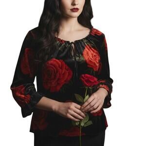 California Concepts Vintage Velvet Floral Top Womens Large Rose Whimsigoth FLAW